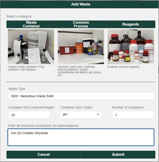 example waste pickup generic details
